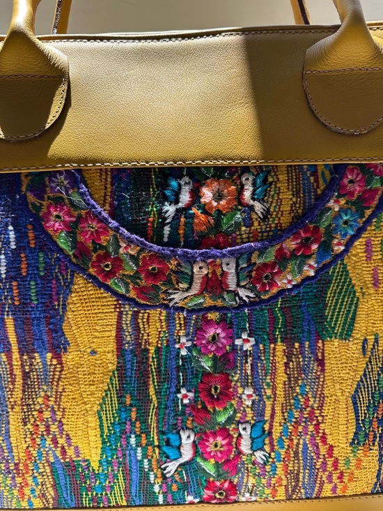 Guatemalan  leather and Embroidered Travel Tote Bag with Multicolor Panel - Picture 7 of 17